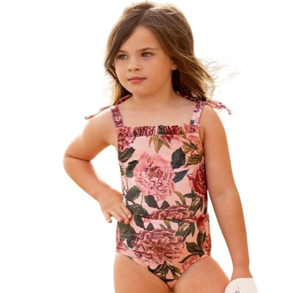 Mia Joy Joyfolie Teagan Swimsuit Girls 3 Pink Oversized Floral Crochet Back Tie